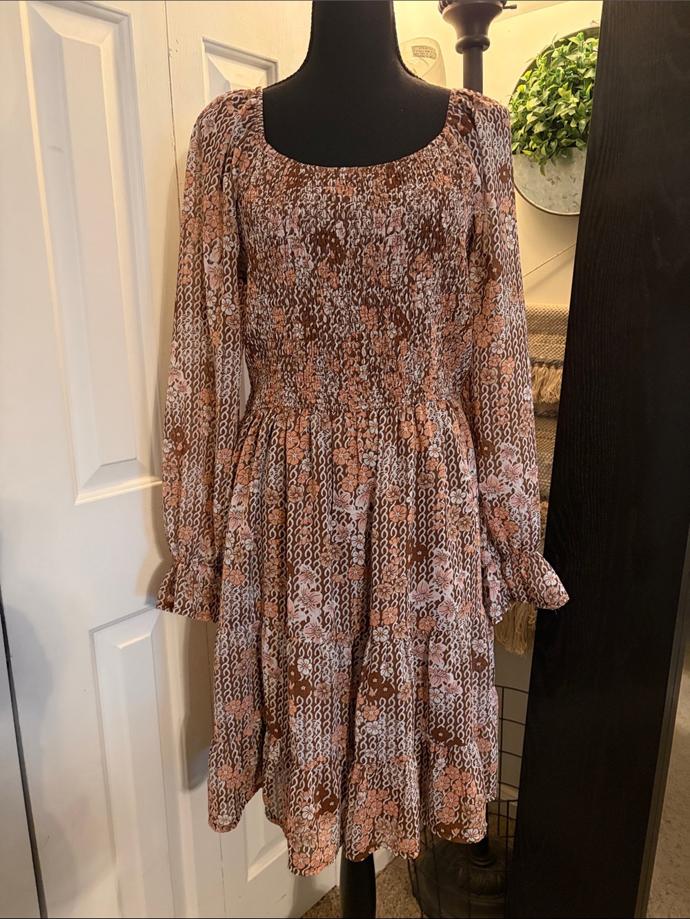 Smocked Brown Floral Long-Sleeve Mini Dress